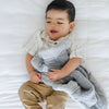 A baby boy holds a Gray Colored Lush Saranoni Blanket. The soft blanket is a small blanket and a baby blanket or toddler blanket.