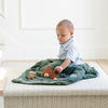 A little boy sits under a Luxury Receiving Hunter Green Colored Lush Saranoni Blanket. The soft blanket is a small blanket and a baby blanket or toddler blanket.