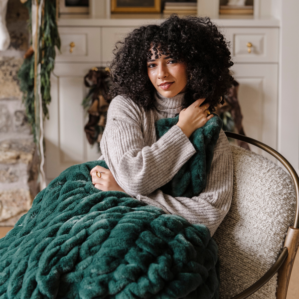 HOLIDAY DOUBLE RUCHED FAUX FUR THROW BLANKETS