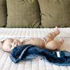 A baby boy and a mini blanket that is a navy blanket. The soft blanket is a lush blanket and a baby blanket as well as a Saranoni blanket. This cozy blanket is a luxury blanket for babies and is so soft. 