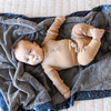 A baby boy lays on a satin back blanket. The lush blanket is a grey blanket with a dark blue satin border that has little stars on it. The satin back blanket is a lush blanket with a satin border and back. The soft blanket is a luxury blanket and a Saranoni blanket. This toddler blanket is an adorable baby blanket or toddler blanket and a great kids blanket.