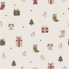 Close-up pattern of a holiday blanket featuring Christmas-themed icons like gift boxes, stockings, bells, and holly berries on a light background. Perfect festive design for holiday decor and cozy seasonal throws.