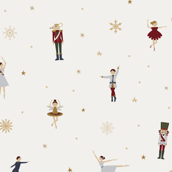 Pattern of ballet dancers and nutcrackers with snowflakes on a light background