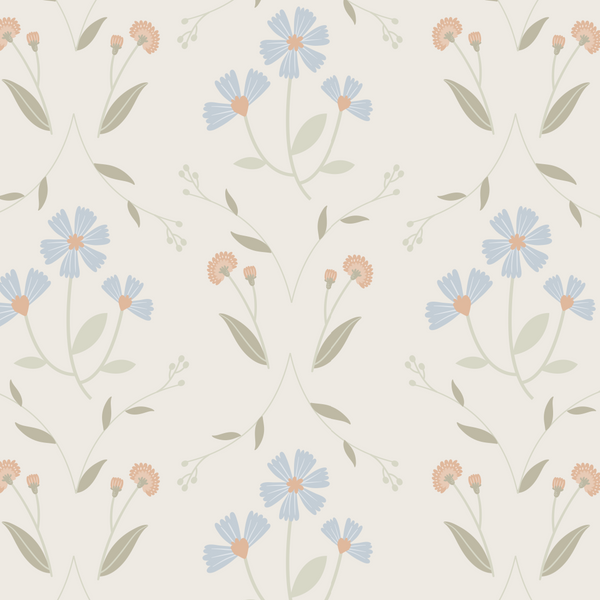 Floral pattern with blue and pink flowers on a light background