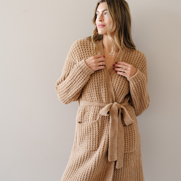 Woman wearing Allspice in the Waffle Knit Robe collection.