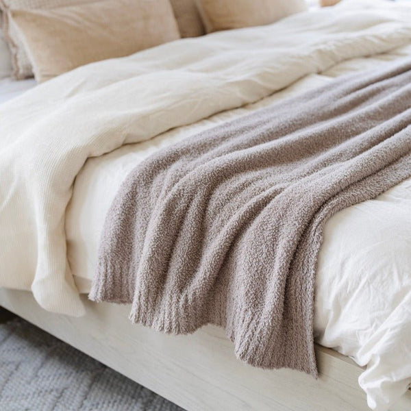 Details of super soft, stretchy, and cozy Taupe BAMBONI® TWIN BLANKETS - Saranoni