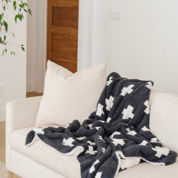 Beautiful home decor and extra soft and cozy Charcoal Swiss Cross DOUBLE-LAYER BAMBONI® RECEIVING BLANKETS - Saranoni