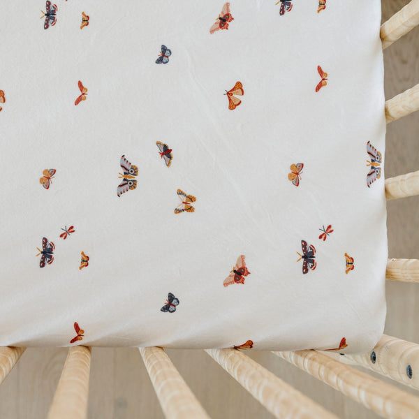 Minky Stretch Luxe crib sheet in a butterfly pattern, designed with soft and stretchy minky fabric for ultimate comfort. Perfect fit for standard crib mattresses, offering a cozy and luxurious sleep environment for your baby.