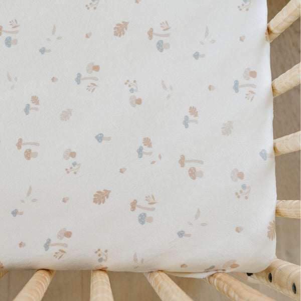 Minky Stretch Luxe crib sheet in a mushroom pattern, designed with soft and stretchy minky fabric for ultimate comfort. Perfect fit for standard crib mattresses, offering a cozy and luxurious sleep environment for your baby.