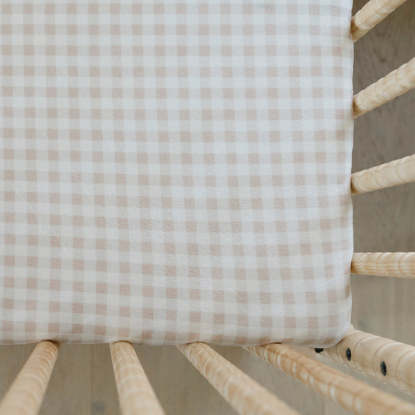 Minky Stretch Luxe crib sheet in a gingham pattern, designed with soft and stretchy minky fabric for ultimate comfort. Perfect fit for standard crib mattresses, offering a cozy and luxurious sleep environment for your baby.