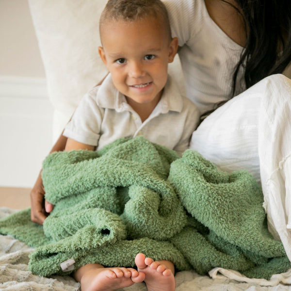 Young boy and mom snuggling with beautiful Olive BAMBONI RECEIVING BLANKETS - Saranoni 