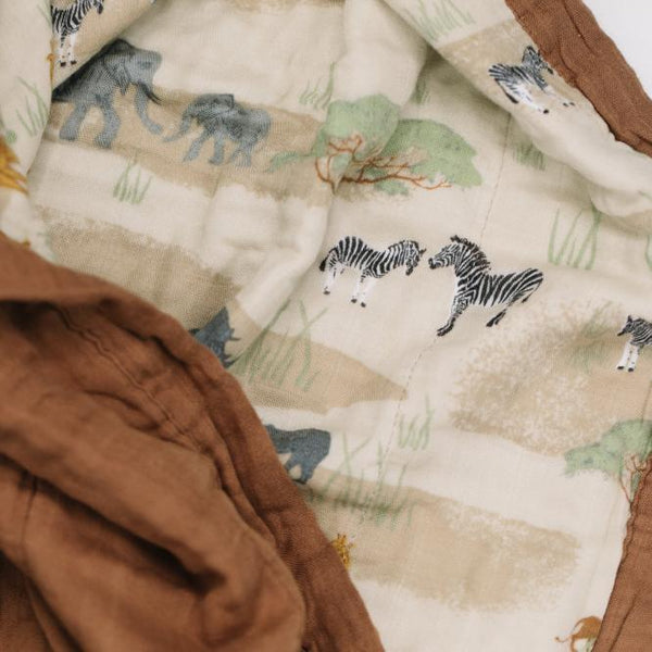 Safari printed, beautifully crafted bamboo rayon muslin quilt, showcasing a detailed pattern with a soft, airy feel for a cozy experience.