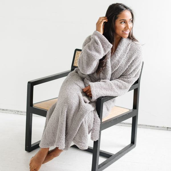 Woman smiling, wrapped in beautiful Gray COZY BAMBONI ROBES - Saranoni