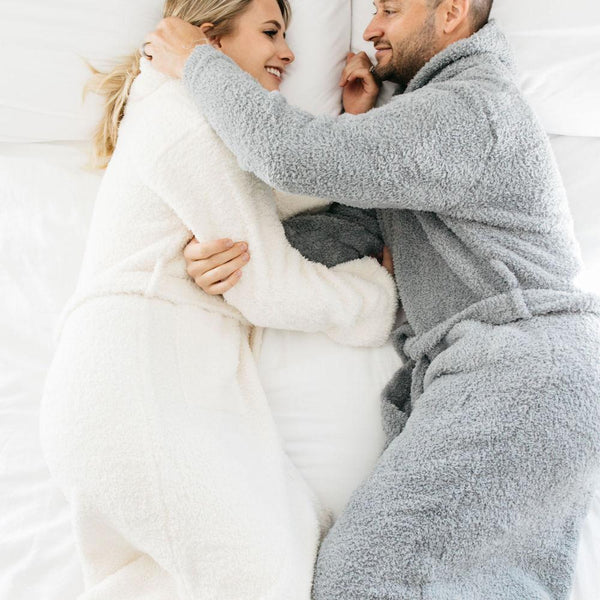 Wife and Husband snuggling, dressed in super soft COZY BAMBONI ROBES - Saranoni