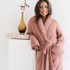 Woman dressed in beautiful, super soft and luxurious, French Rose COZY BAMBONI ROBES - Saranoni