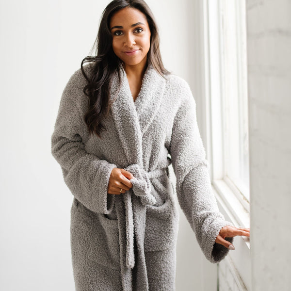 Woman dressed in beautiful, super soft and stretchy Gray COZY BAMBONI ROBES - Saranoni