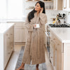 Woman in kitchen with morning drink, dressed in Taupe COZY BAMBONI ROBES - Saranoni