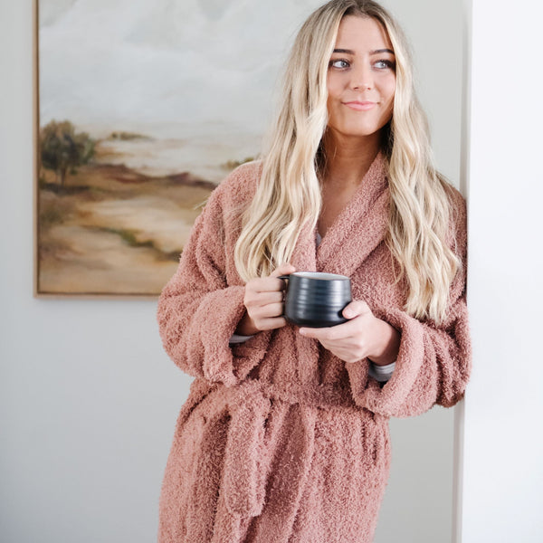 Woman holding mug, dressed in beautiful French Rose COZY BAMBONI ROBES - Saranoni