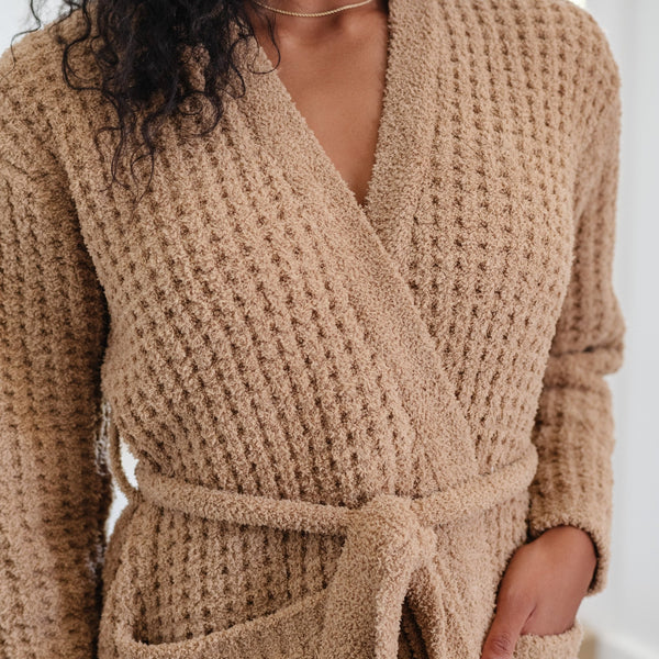 Detailed image of a cozy, waffle knit robe.