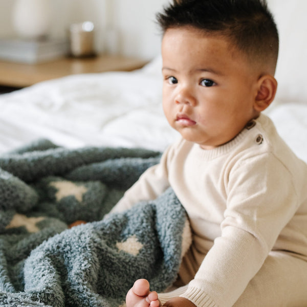 Baby boy sitting with beautiful, soft and stretchy Nightfall DOUBLE-LAYER BAMBONI® RECEIVING BLANKETS - Saranoni