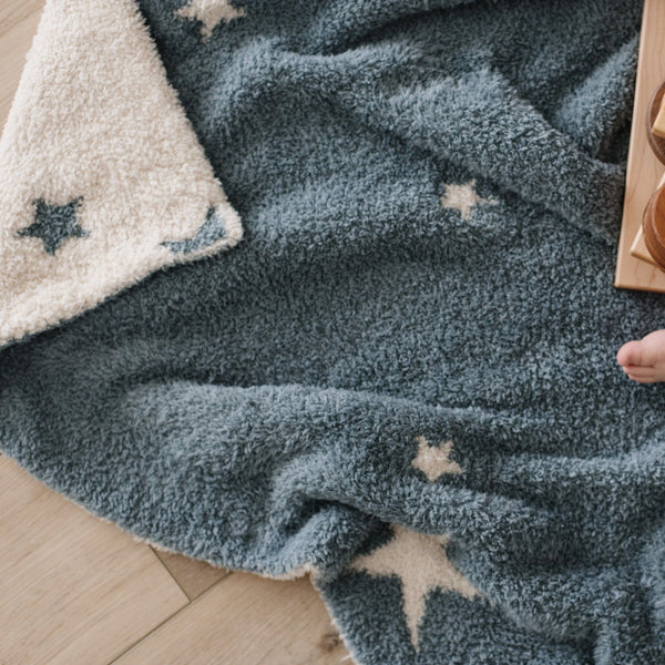 Details of soft, stretchy, cozy Blue + White Stars Nightfall DOUBLE-LAYER BAMBONI TODDLER BLANKETS - Saranoni