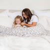 Mom and daughter snuggling in bed with super cozy and soft Gray Leopard DOUBLE-LAYER BAMBONI XL BLANKETS - Saranoni