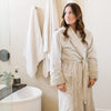 GRAND FAUX FUR ROBES - Saranoni robe showcased in a master bath.