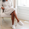 Warm and cozy in Saranoni faux fur slippers and waffle knit robe