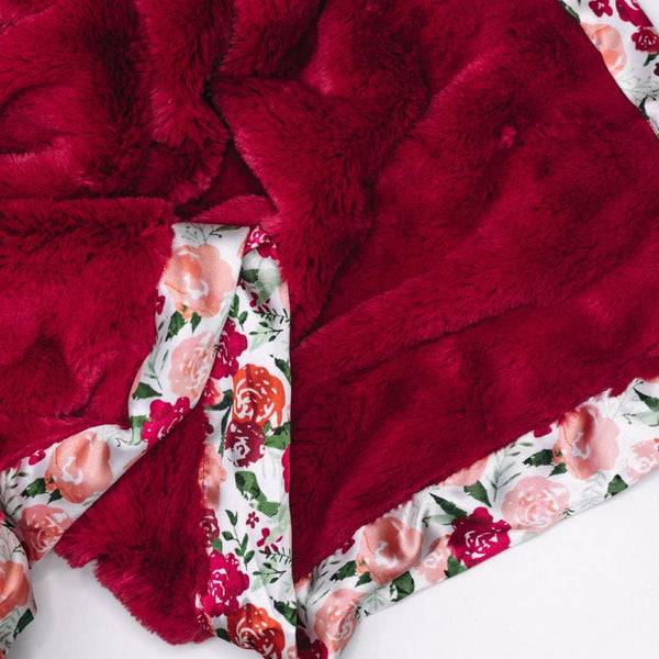 Raspberry Floral Satin Border Mini Blanket - Saranoni