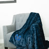 A Luxury Extra Large Oversized Throw Midnight (dark blue) Colored Patterned Faux Fur Saranoni Blanket. The soft blanket is an extra large throw blanket and has a soft faux fur feeling. The blanket has a Utah State University Logo on it.