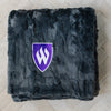 A Luxury Throw Charcoal Colored Patterned Faux Fur Saranoni Blanket. The soft blanket is a throw blanket and has a soft faux fur feeling. The blanket has a Weber State University Logo.